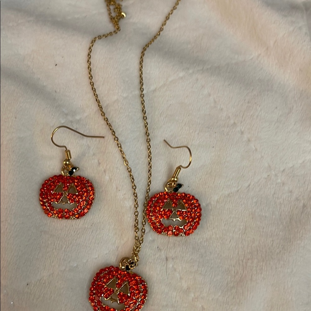 Pumpkin Pendant Necklace and Earrings Set - Gold and Orange